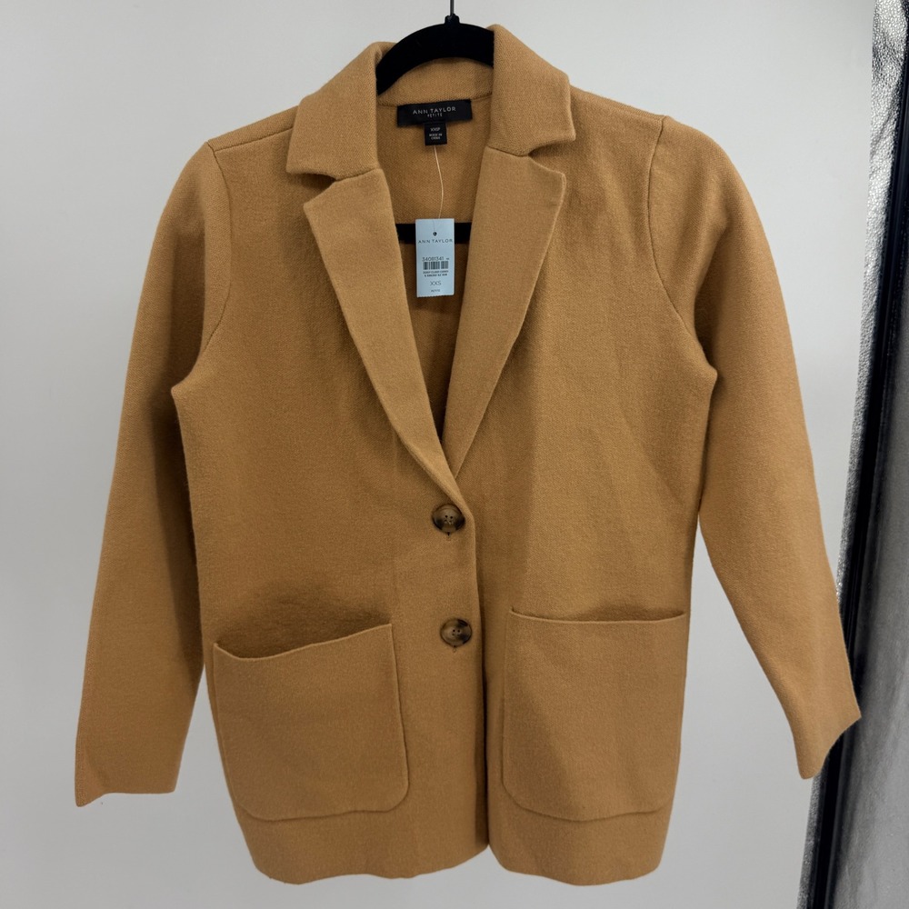 Ann Taylor Petite Camel Tan Knit Sweater Blazer Jacket XXSP New Cozy Fall Heavy